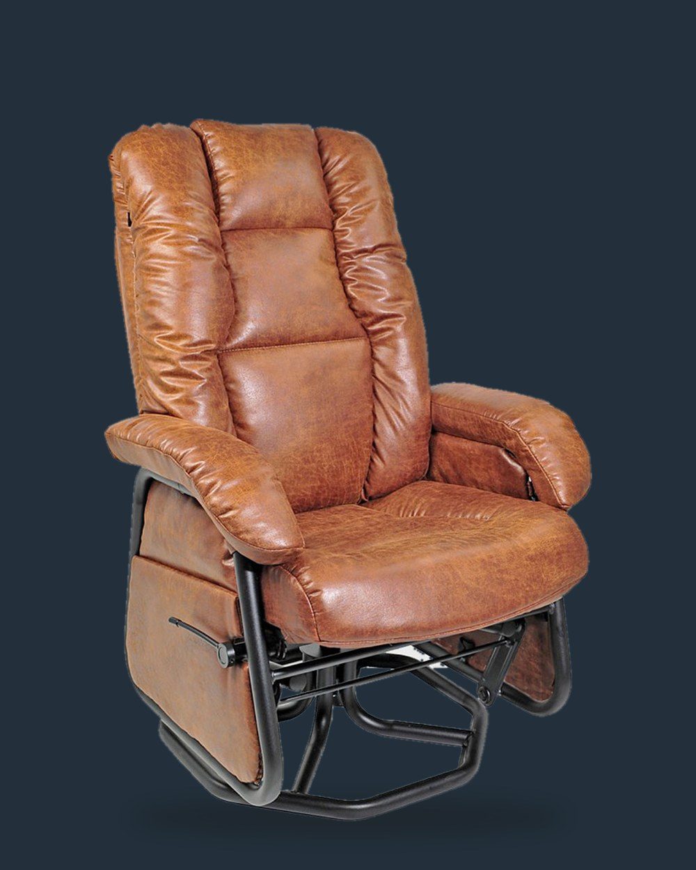 Fauteuil de la collection PEL, cuir cognac et piètement d'acier noir, sur fond bleu nuit